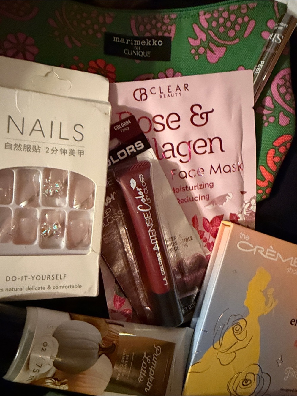 Clinique bag filled with many beauty products